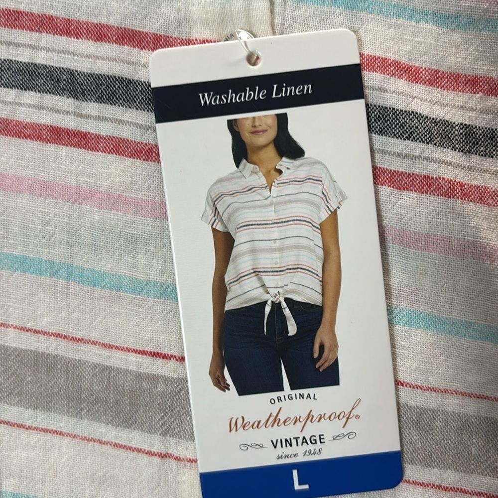 NWT New Weatherproof Linen Multicolor Striped Button Tie Front Size L - Picture 3 of 10